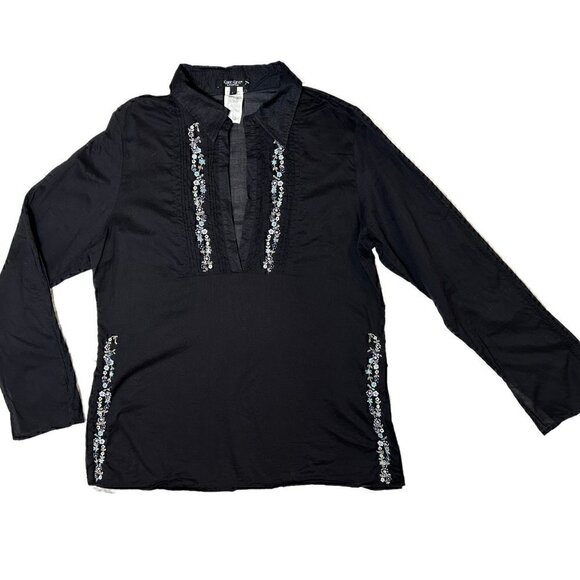 Karen Kane Black Semi Sheer Split Neck Boho Pleated Embordered Blouse - Picture 1 of 6